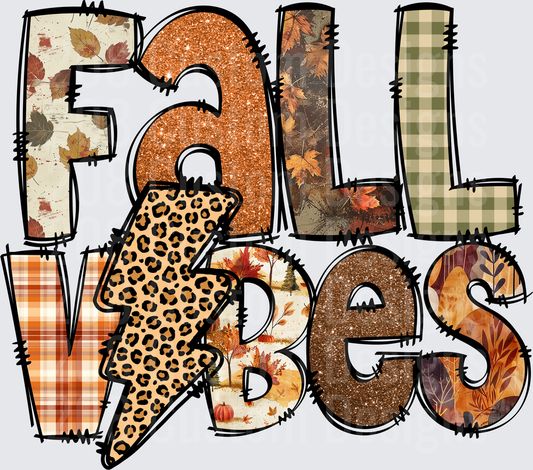 Fall Vibes Text with Autumn Leaves and Leopard Print Lightning Bolt