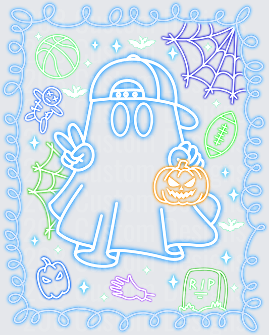 Neon Halloween Ghost Wearing Snapback Holding Jack-O-Lantern