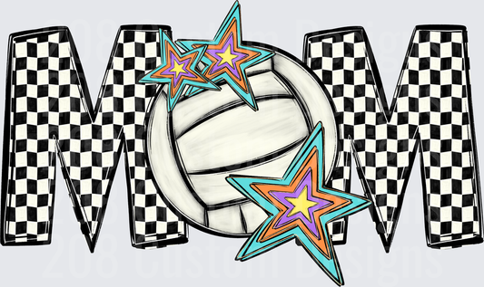 Checkered MOM Volleyball Colorful Stars Design