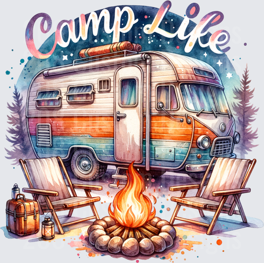 Camp Life Vintage RV Trailer Campfire Scene Watercolor Design
