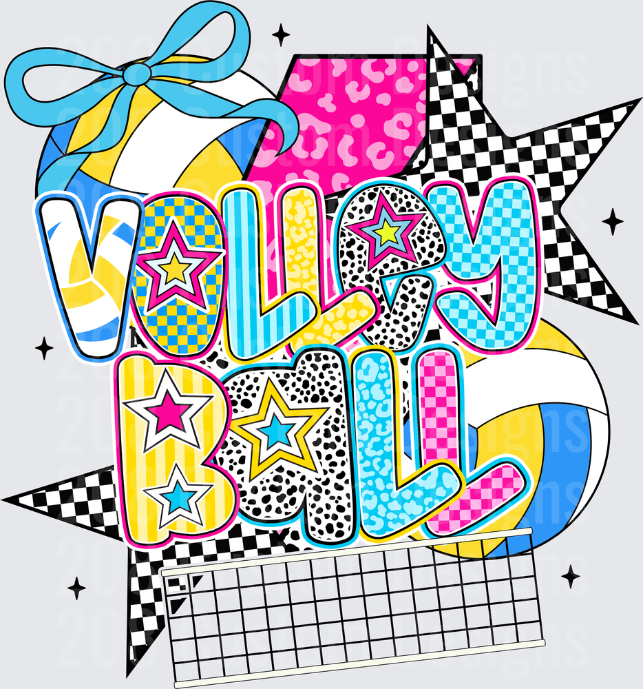 Retro Y2K Volleyball Bold Patterned Text with Bow and Stars
