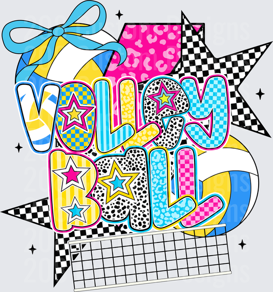 Retro Y2K Volleyball Bold Patterned Text with Bow and Stars