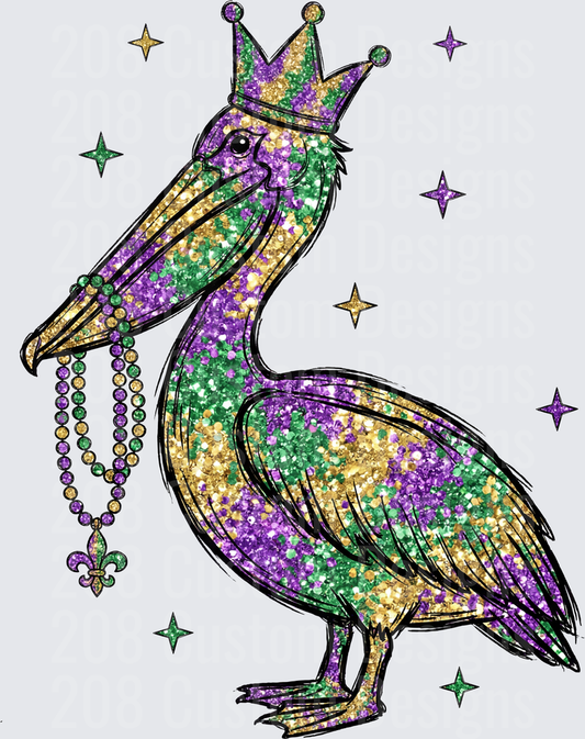 Mardi Gras Pelican King with Crown and Beads Glitter Design