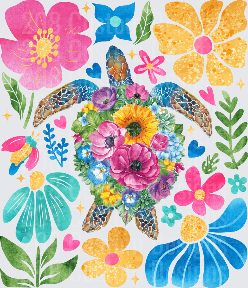 Floral Sea Turtle with Colorful Watercolor Flowers and Hearts