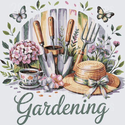 Gardening Tools and Flowers with Butterflies and Straw Hat