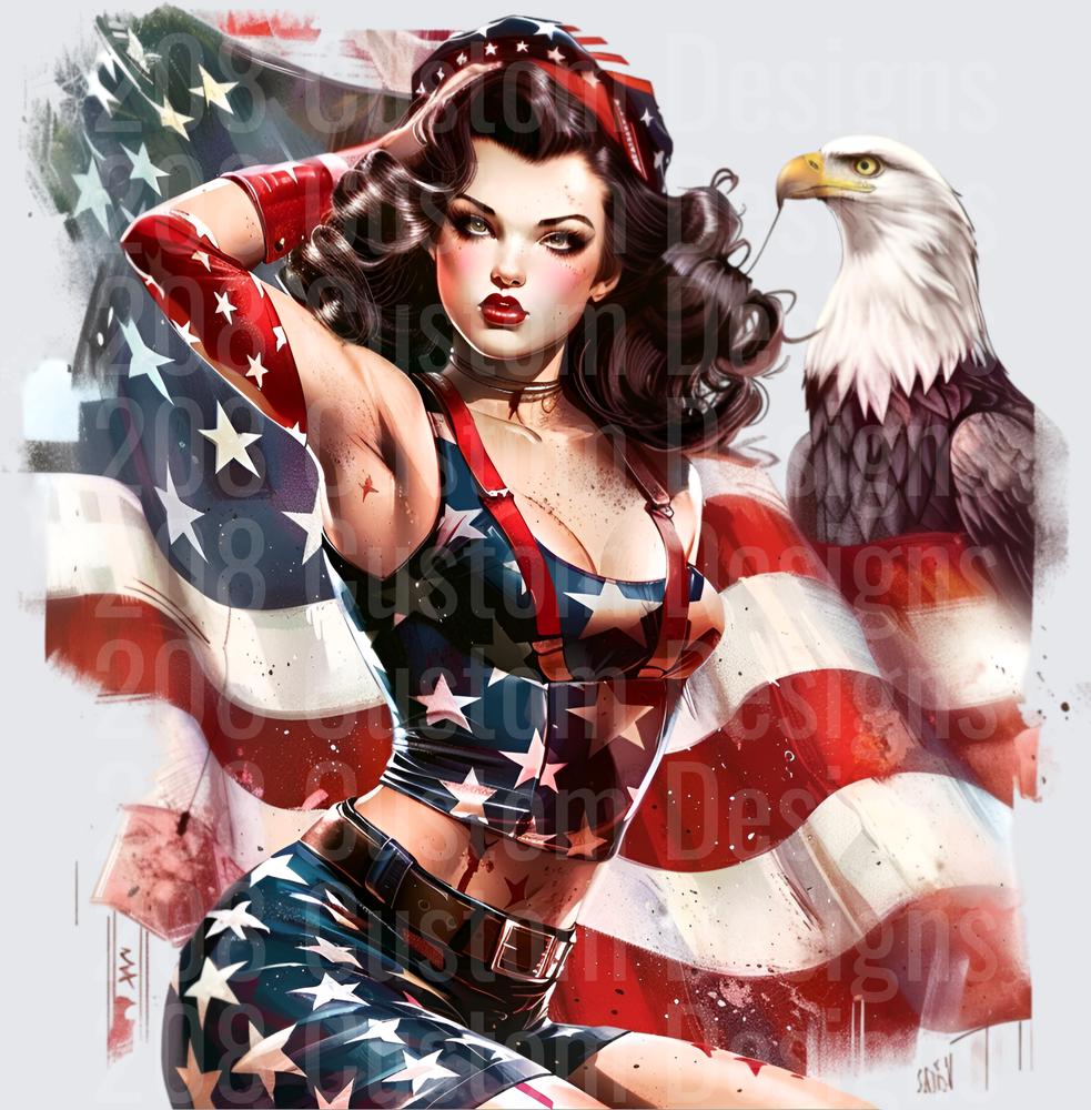 Pin-Up Girl with American Flag and Bald Eagle Patriotic Design
