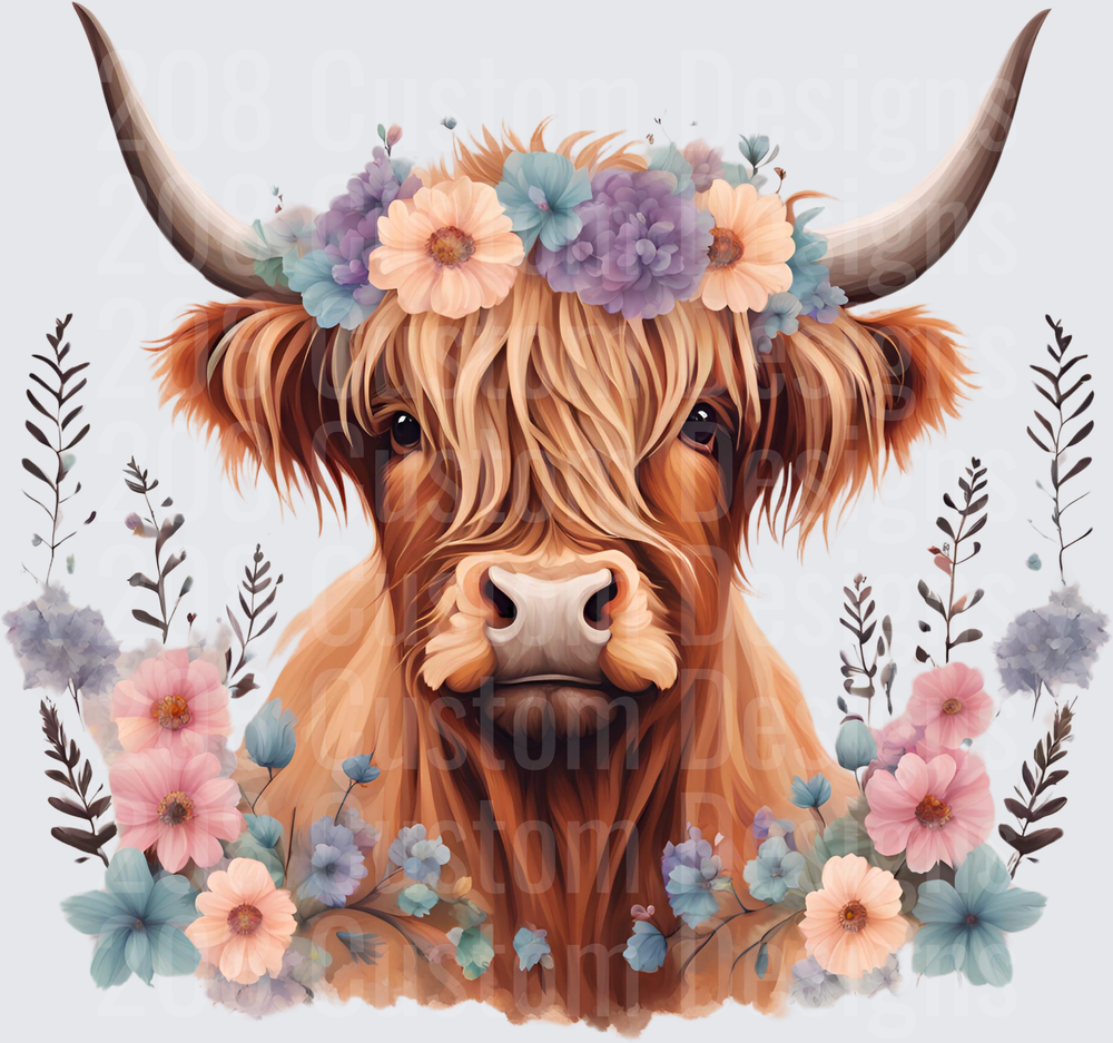 Highland Cow with Flower Crown and Botanical Watercolor Florals