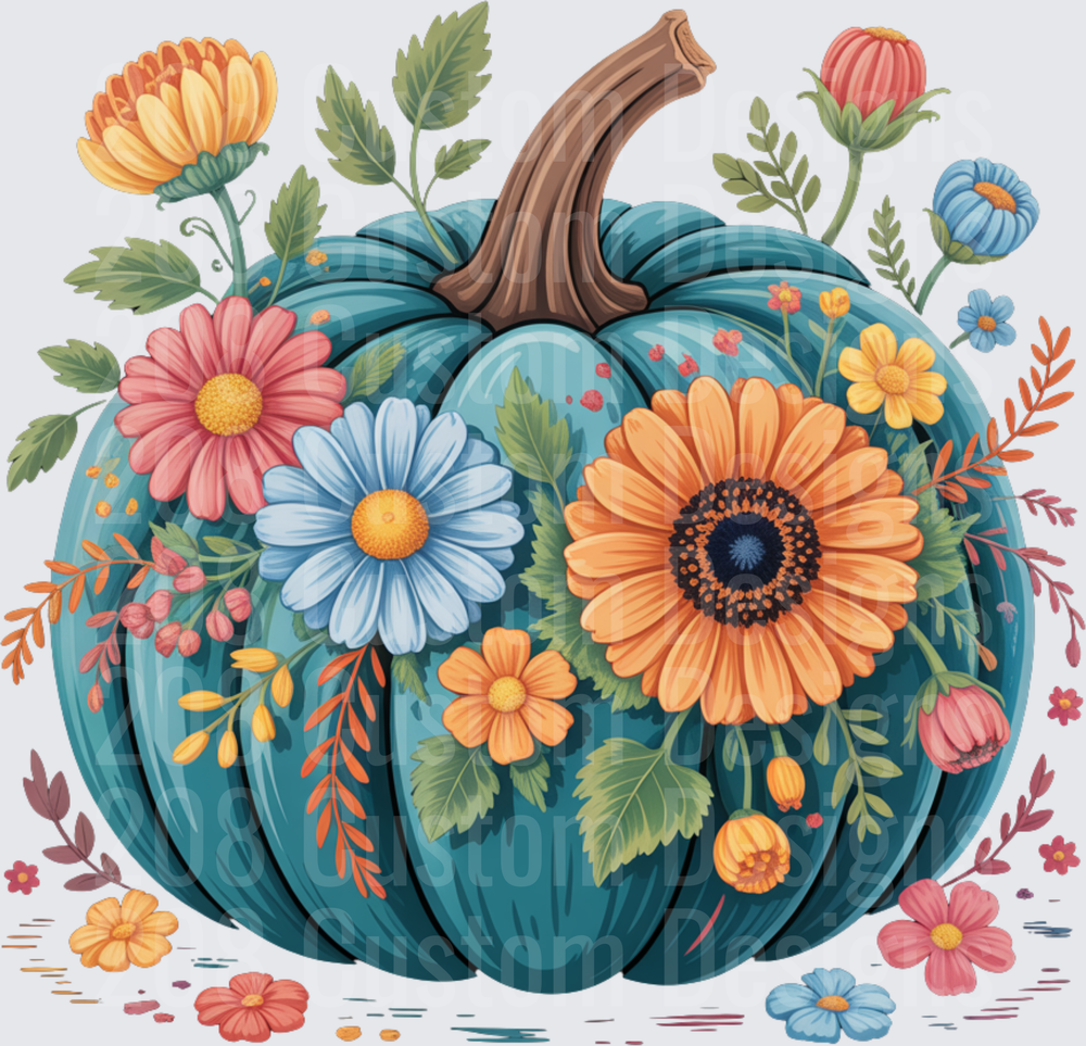 Teal Pumpkin with Colorful Autumn Flowers and Foliage