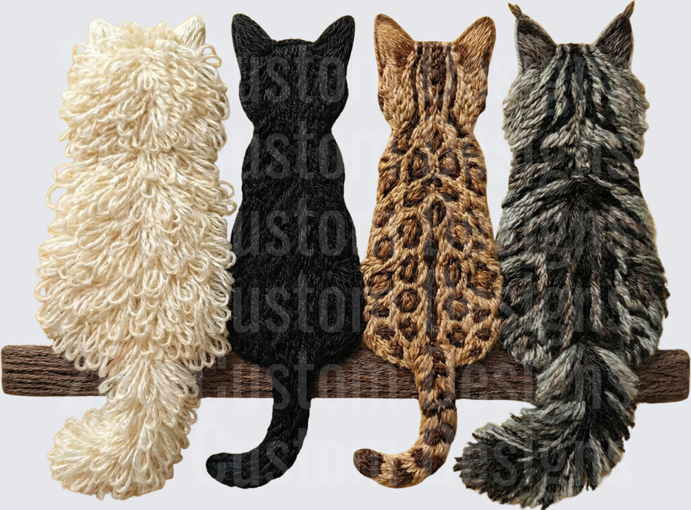 Four Fluffy Cats Sitting on Wooden Branch Back View
