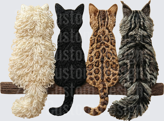 Four Fluffy Cats Sitting on Wooden Branch Back View