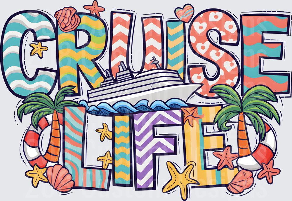 Cruise Life Tropical Vacation Design with Ship Palm Trees and Starfish