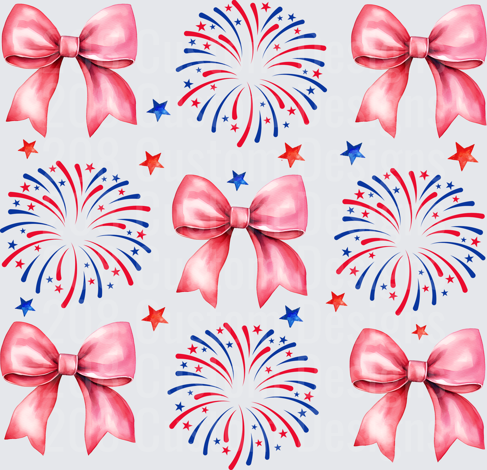 Patriotic Pink Bows and Red White Blue Fireworks Pattern