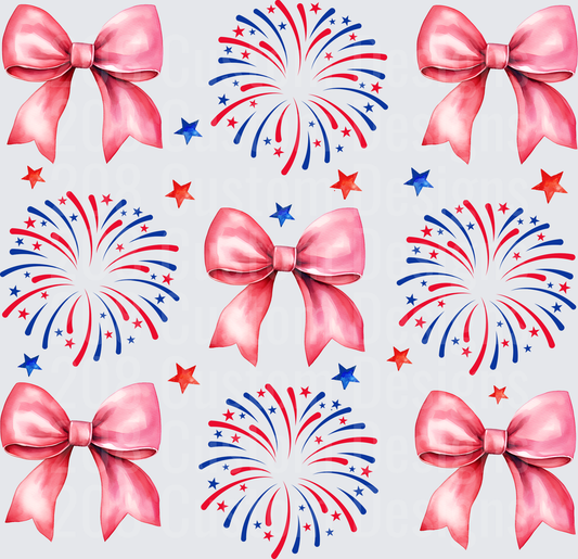 Patriotic Pink Bows and Red White Blue Fireworks Pattern