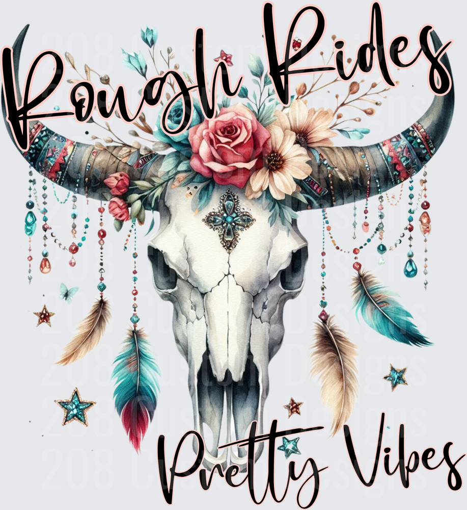 Rough Rider Pretty Vibes Boho Bull Skull with Flowers and Feathers