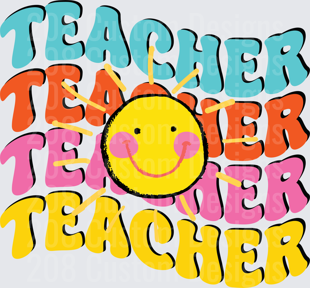 Retro Groovy Teacher Stacked Smiley Sun Face