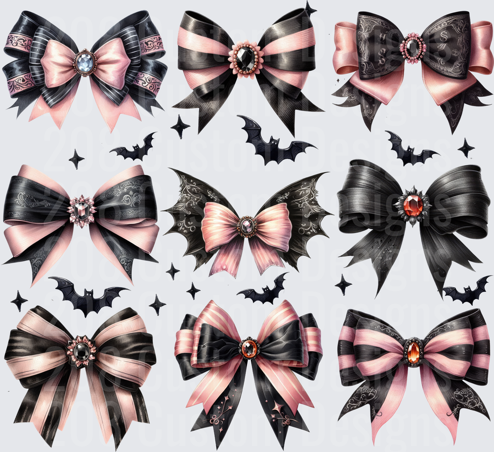 Gothic Pink Black Bows with Bats and Jewels