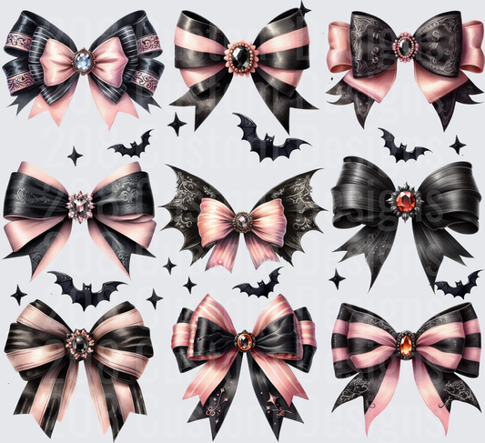 Gothic Pink Black Bows with Bats and Jewels