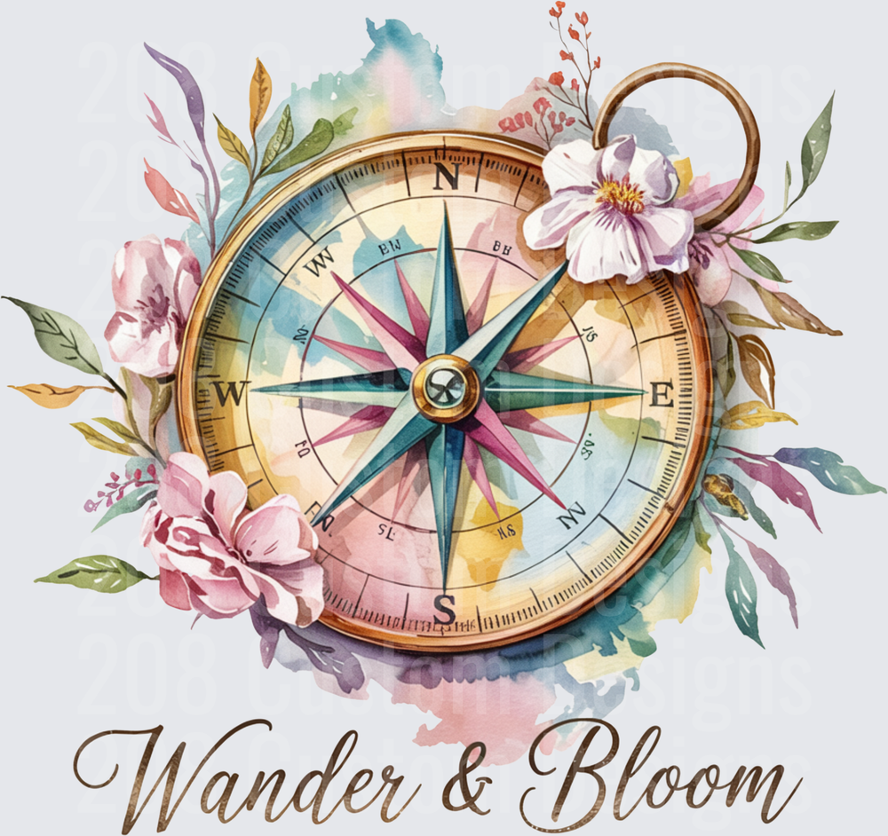 Wander & Bloom Watercolor Compass with Floral Arrangement