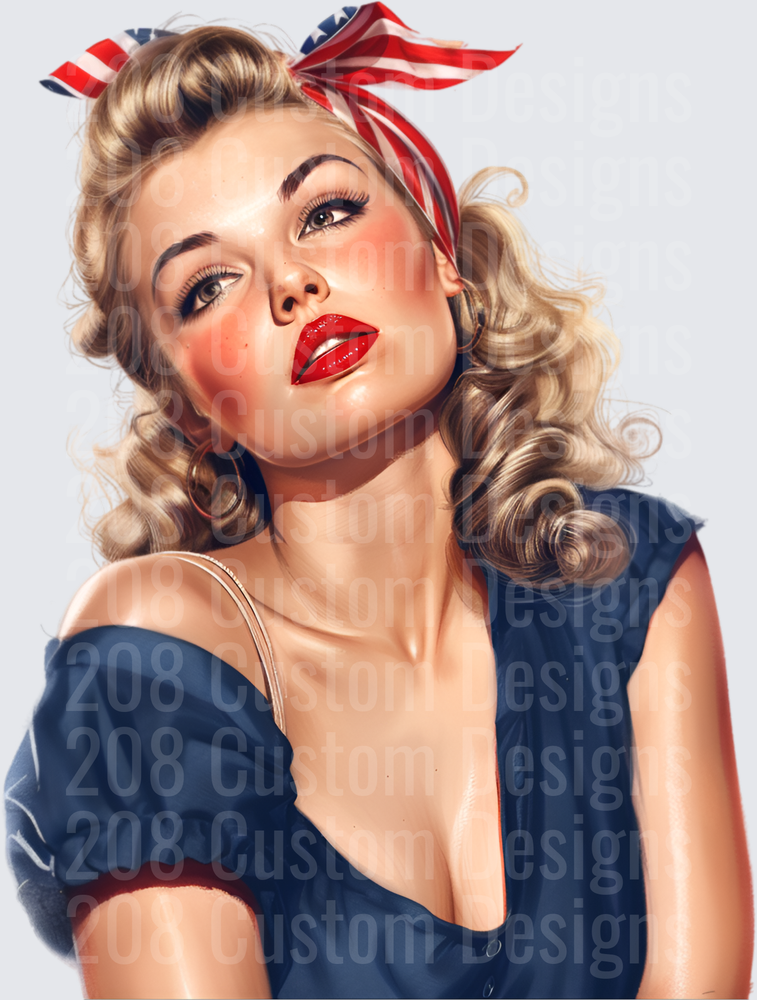 Vintage Pin-Up Girl with American Flag Bandana and Red Lips