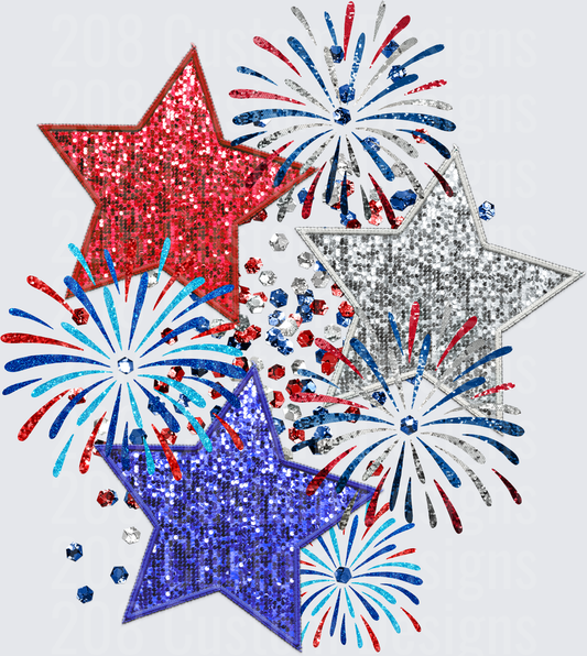 Patriotic Glitter Stars and Fireworks Red White Blue Design