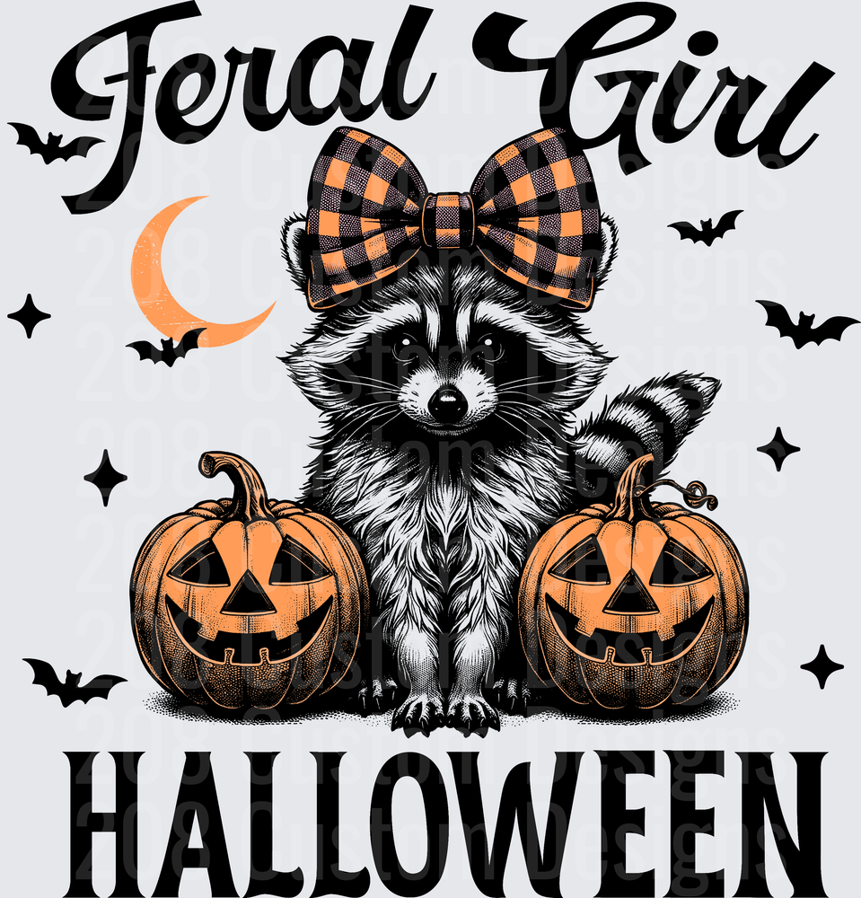Feral Girl Halloween Raccoon with Bow and Jack-o-Lanterns
