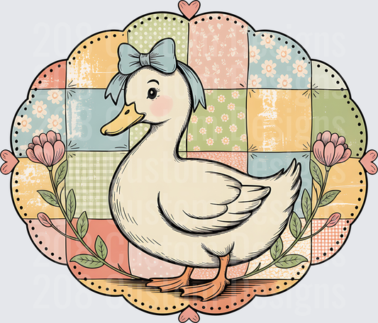 Cute White Goose with Blue Bow in Floral Patchwork Frame