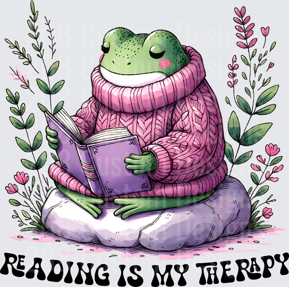 Reading Is My Therapy Cozy Frog in Pink Sweater with Book