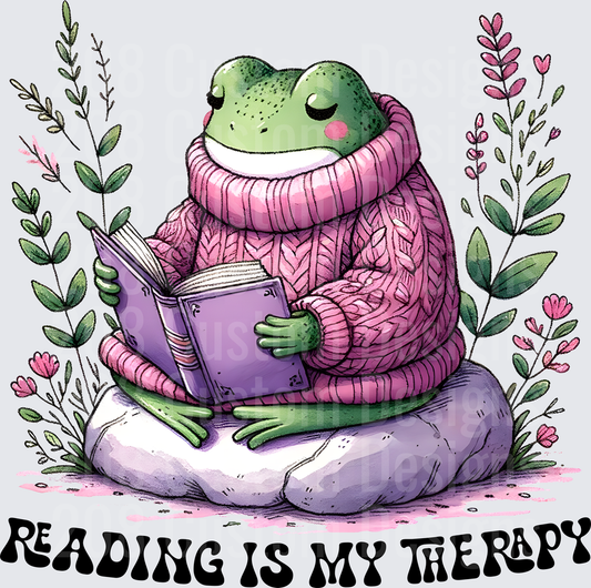 Reading Is My Therapy Cozy Frog in Pink Sweater with Book