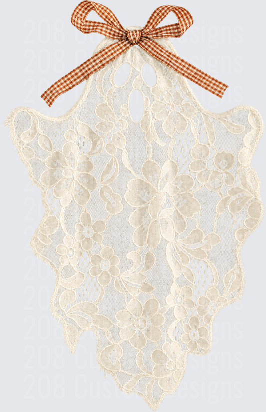 Vintage Lace Floral Ghost with Gingham Bow Halloween