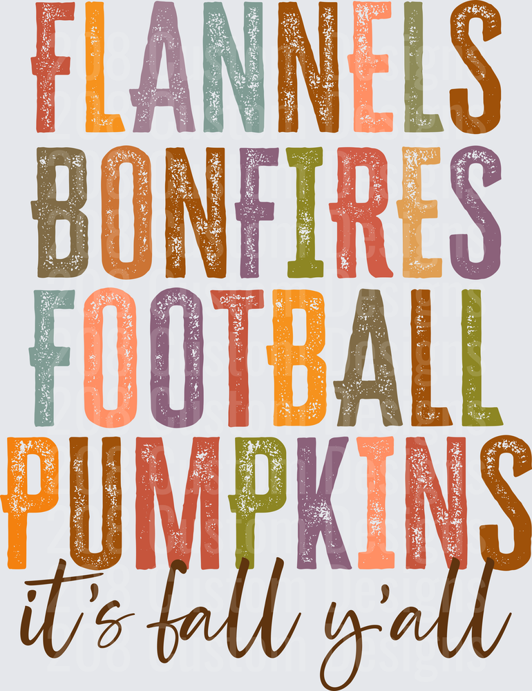 Flannel Bonfires Football Pumpkins It's Fall Y'all Autumn Typography