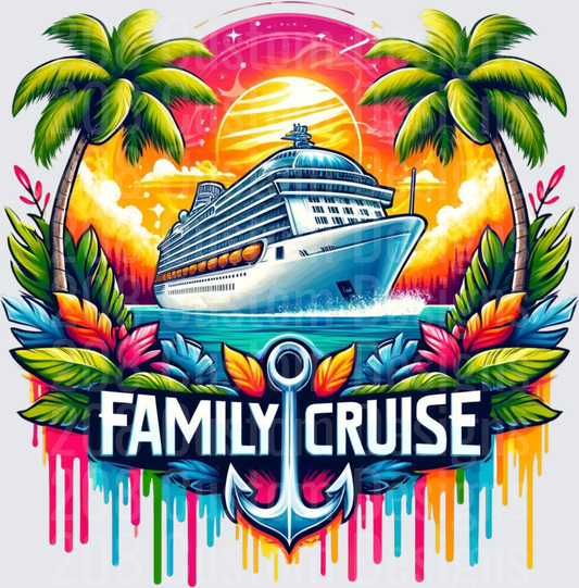 Family Cruise Ship Tropical Sunset with Anchor and Palm Trees