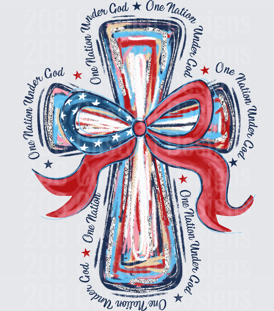 Patriotic Cross with American Flag Bow One Nation Under God