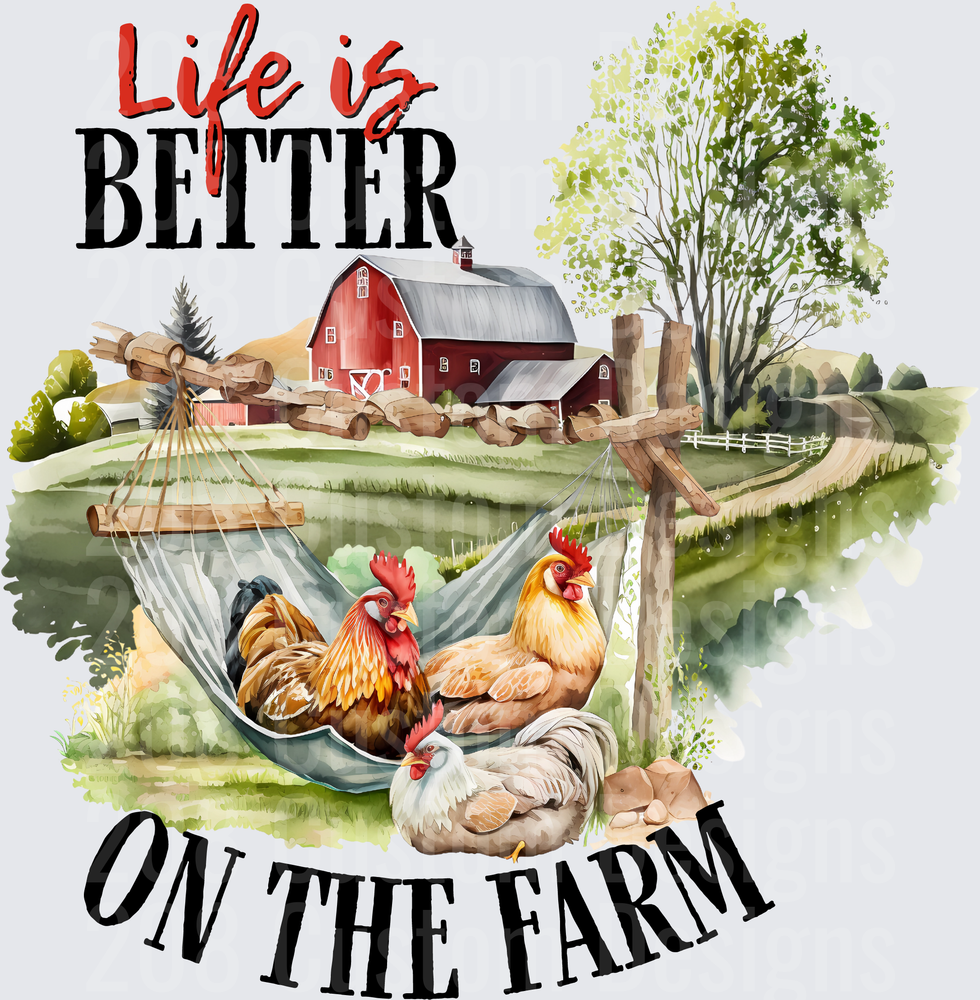Life is Better on the Farm Chickens in Hammock Red Barn Scene