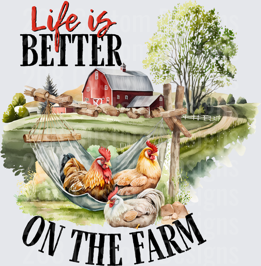 Life is Better on the Farm Chickens in Hammock Red Barn Scene