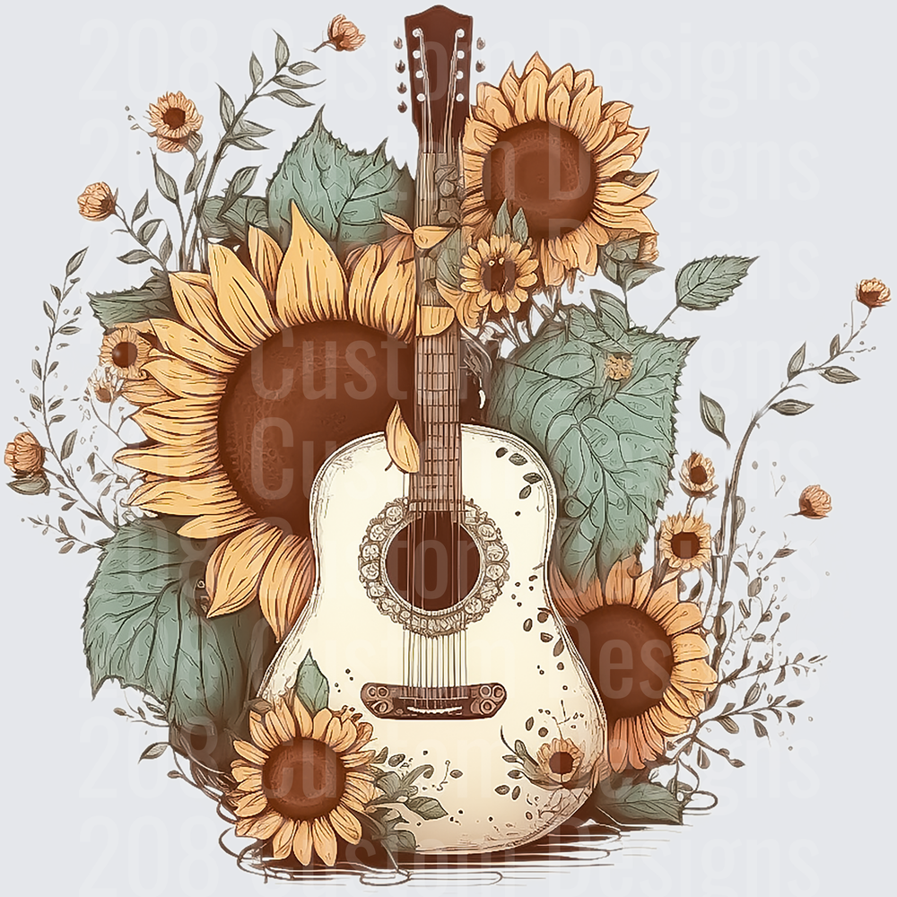 Vintage Acoustic Guitar Surrounded by Sunflowers and Leaves