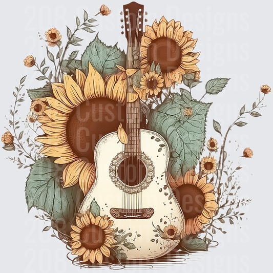 Vintage Acoustic Guitar Surrounded by Sunflowers and Leaves