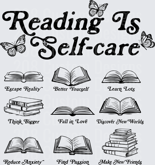 Reading Is Self-Care Motivational Quote with Books and Butterflies