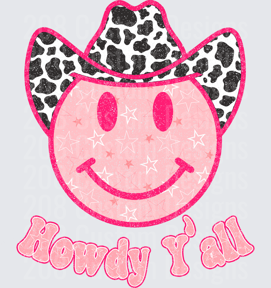 Pink Glitter Smiley Face Wearing Cow Print Cowboy Hat Howdy Y'all