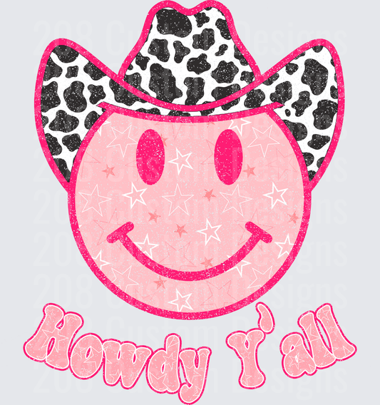 Pink Glitter Smiley Face Wearing Cow Print Cowboy Hat Howdy Y'all