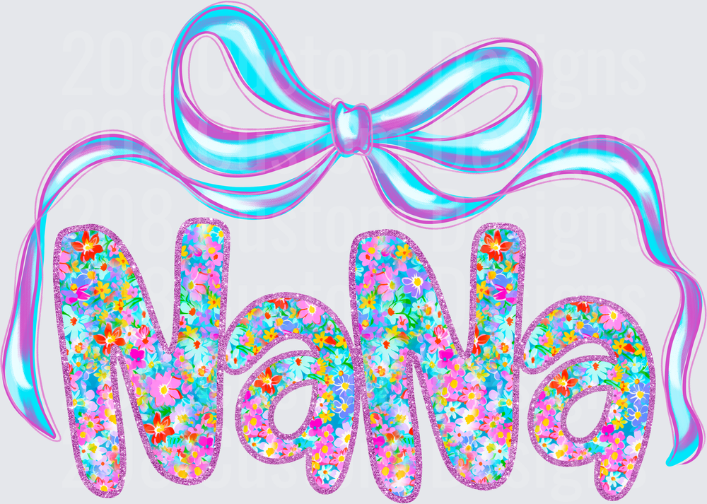 Nana Rainbow Confetti Glitter Text with Holographic Bow