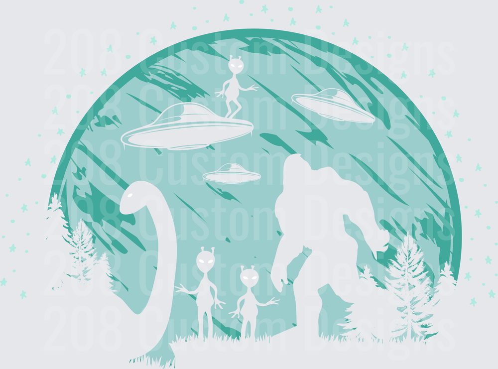 Bigfoot Encounters UFO Aliens in Forest Scene