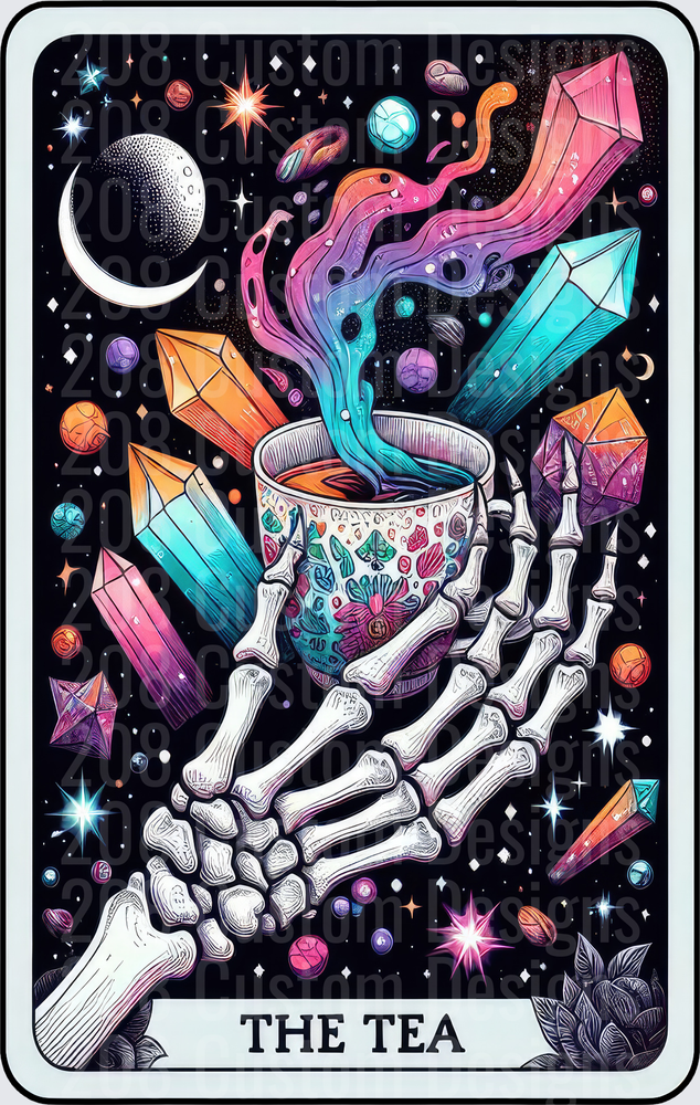 Skeleton Hand Holding Tea Cup with Cosmic Steam and Crystals