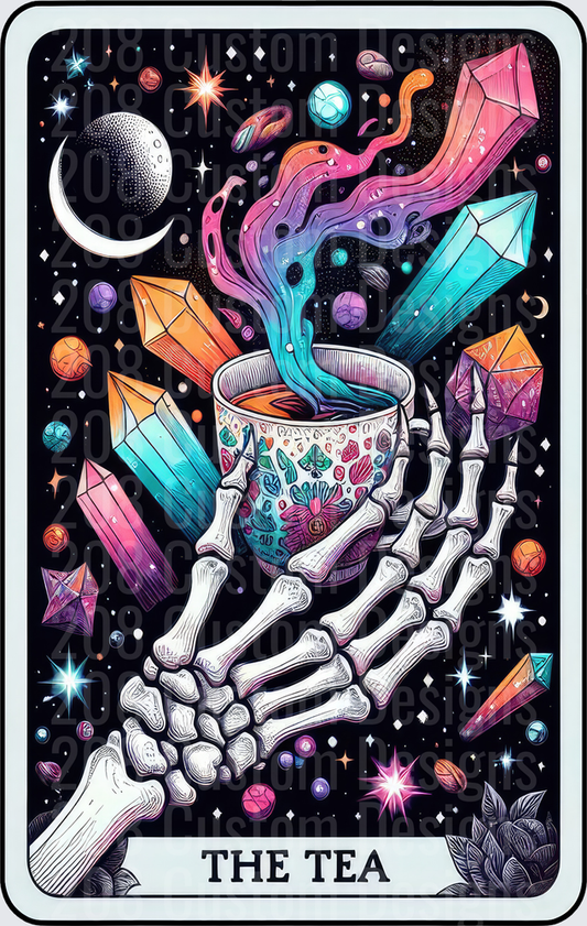 Skeleton Hand Holding Tea Cup with Cosmic Steam and Crystals