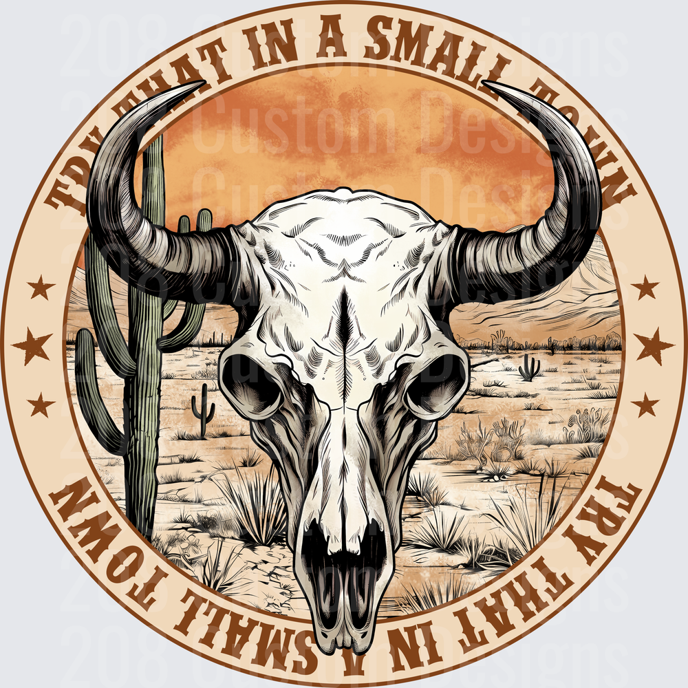 Western Bull Skull Desert Scene with Cactus and Stars Circle Badge