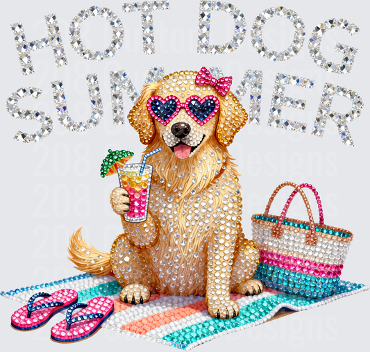 Hot Dog Summer Golden Retriever with Heart Sunglasses Beach Scene