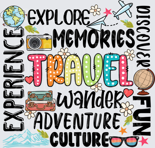 Travel Word Collage with Colorful Typography and Adventure Icons