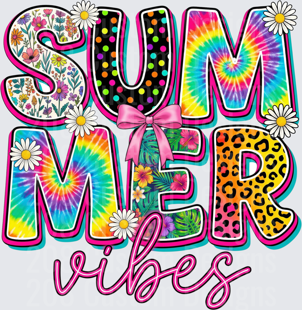 Summer Vibes Tie Dye Floral Leopard Print Lettering with Daisies