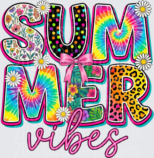 Summer Vibes Tie Dye Floral Leopard Print Lettering with Daisies
