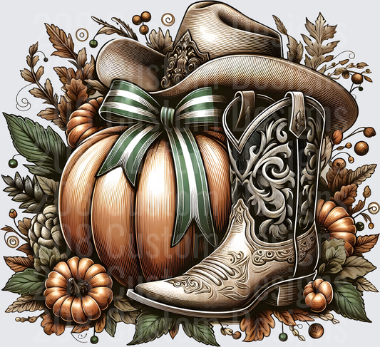 Western Cowboy Hat and Boots with Autumn Pumpkins and Leaves