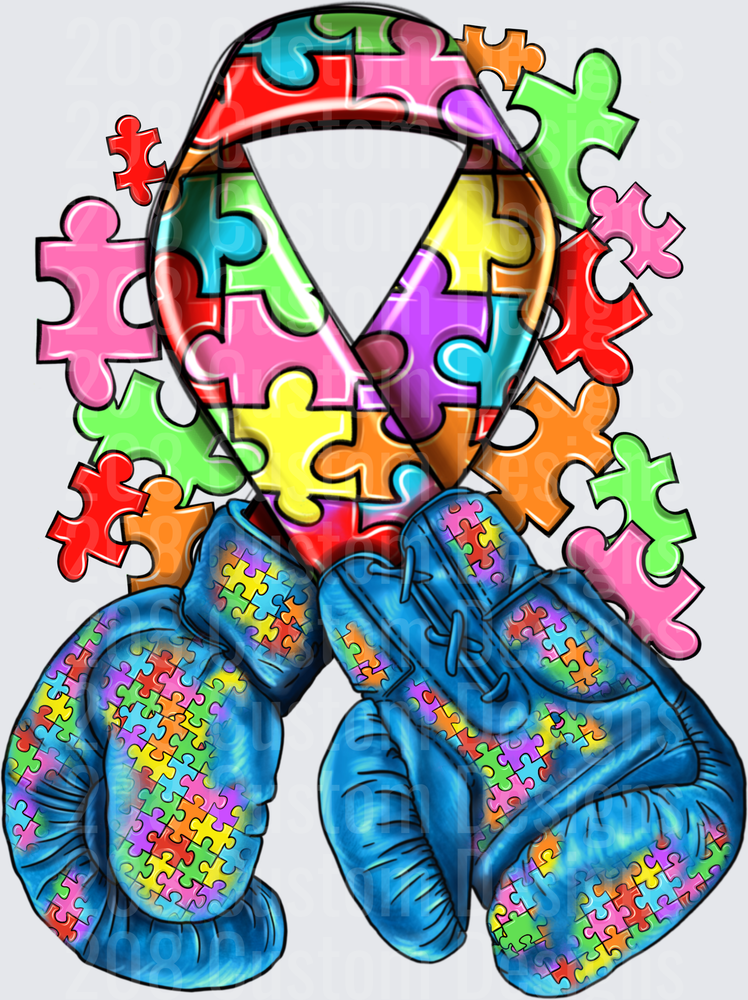 Autism Awareness Puzzle Piece Boxing Gloves Blue Ribbon